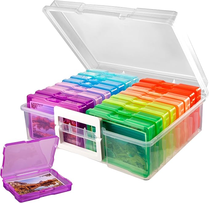 Plastic Clear Photo Storage Box Picture Storage Containers With Handle,16 inner 4×6 inch Photo Cases For Photos,Picture,Greeting Card,Stickers,Seed,Craft Supplies (Colorful)