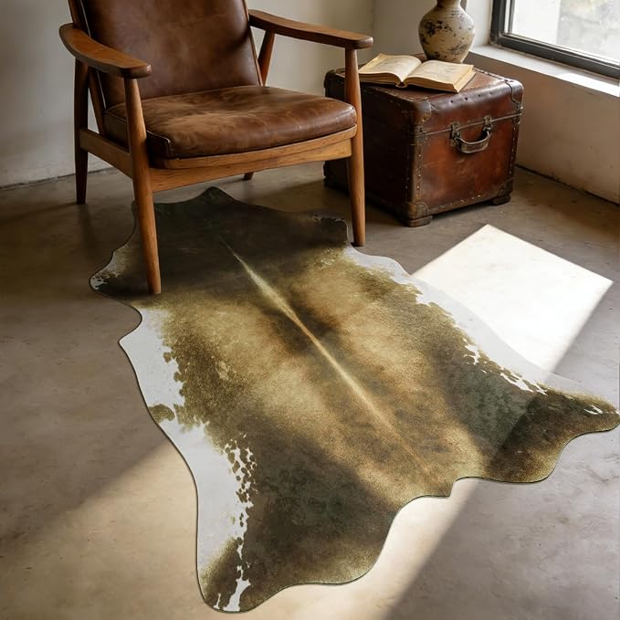 Washable Non Slip Faux Cowhide Rug 2x3 Brindle and White, Small Indoor Front Door Entryway Mat, Western Rustic Cottagecore Decor Animal Print Throw Layering Rug for Dorm Room