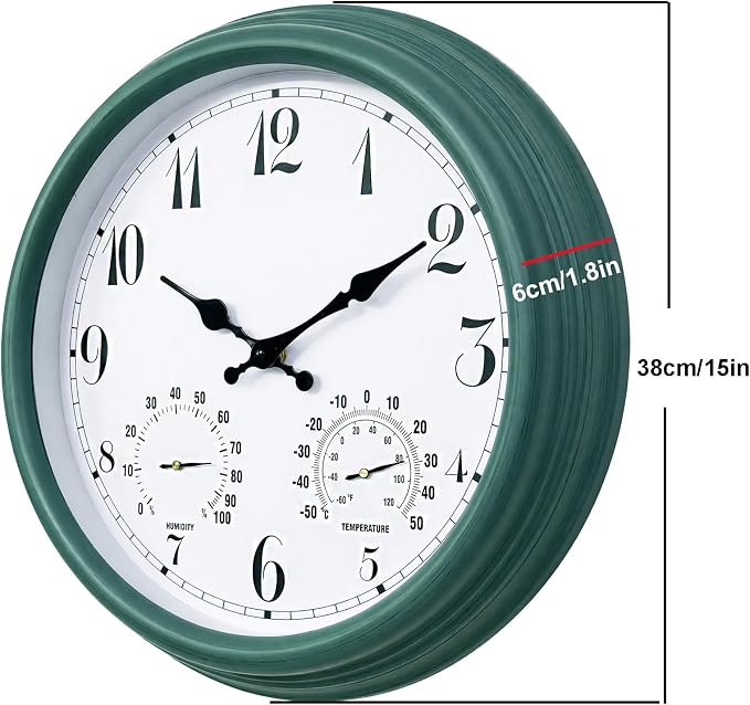 Outdoor Waterproof Wall Clock with Thermometer and Hygrometer Combo, 15 in Retro Battery Operated Garden Clocks for Indoor and Outside Patio Deck Pool -Not Silent (Turquoise)