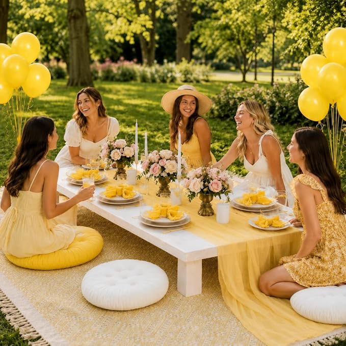 Cinrobiye Boho Picnic Party Set for Outdoor, Aesthetic Picnic Setup with Large Picnic Blanket, Floor Cushions, Table Runner, Napkins, Balloons for Wedding, Bridal Shower, Birthday(Yellow)