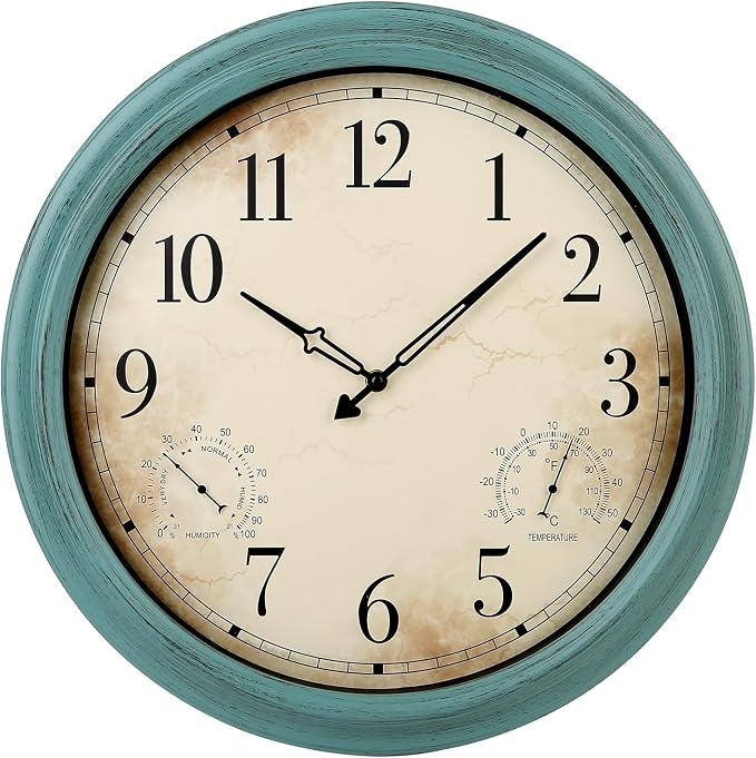18 Inch Wall Clock, Retro Outdoor Clock Non-Ticking Waterproof Indoor Outdoor Clock with Thermometer, Green