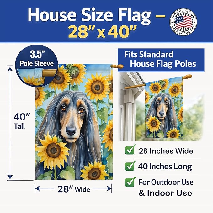 Caroline's Treasures DAC6001CHF Afghan Hound in Sunflowers House Flag Large Porch Sleeve Pole Decorative Outside Yard Banner Artwork Wall Hanging, Polyester, House Size, Multicolor