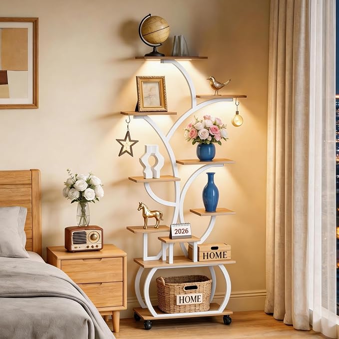 VINGLI Plant Stand Indoor with Growing Lights, 61" Tall Plant Stand with Full Spectrum LED, 10-Tier Tree-Shaped Indoor Plant Shelf, Movable Decorative Plant Rack for Living Room, Balcony & Office, White and Oak