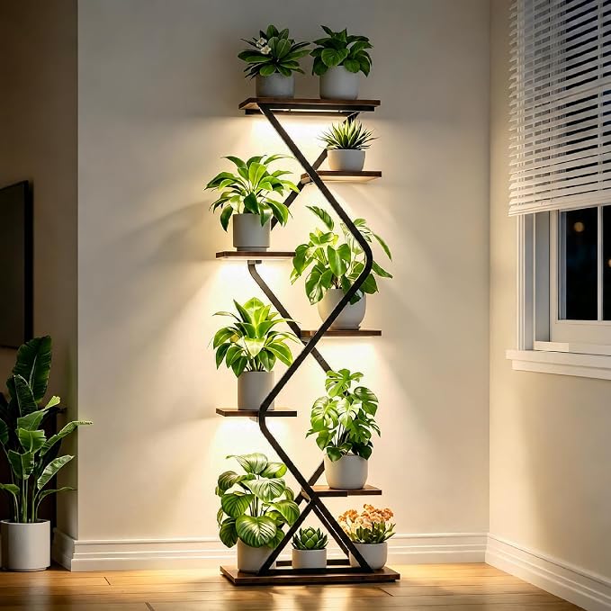Plant Stand Indoor with Grow Light - 62" Indoor Tall Plant Shelf, 7 Tiered Corner Plant Stands for Multiple Indoor Plants, Metal Plant Holder for Living Room, Space-Saving Vertical Plants Rack, Black
