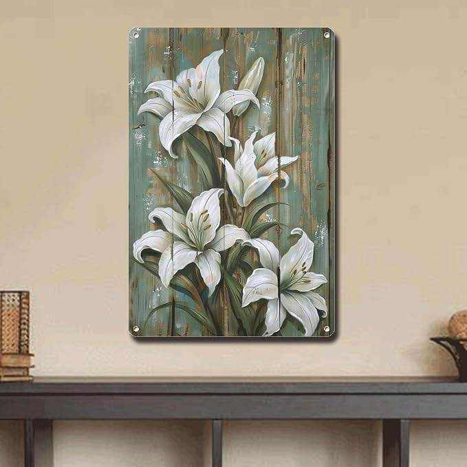 Metal Sign Tin Sign Vintage Wall Art Shabby Chic Lily Tin Sign for Vintage Botanical Decor Rustic Elegance and Distressed Wood Panels Tin Signs for Women for Room 6×8 Inches