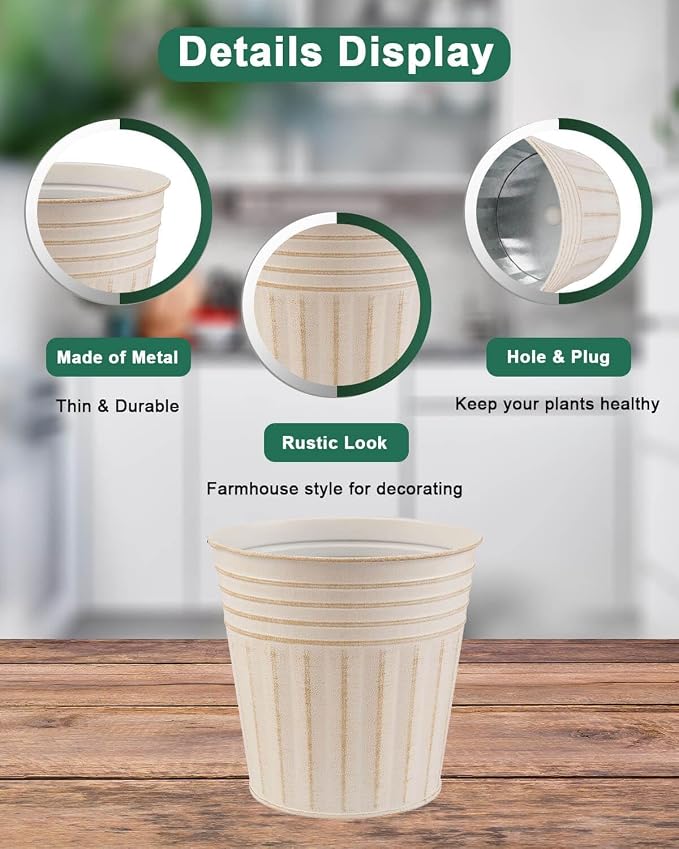 vensovo 5 Inch Galvanized Bucket Planter - 6 Pack Metal Flower Pots with Drainage Holes & Plugs, Rustic Beige Tin Pots for Indoor Herbs, Outdoor Succulents, Farmhouse Home Garden Decor