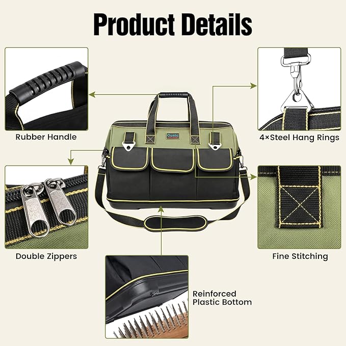 Tool Bag, Ounic 16 Inch BigTool Tote Bag Heavy Duty With Waterproof Molded Base, Wide Mouth Tool Box Organizer with Adjustable Shoulder Strap for Electrician Mechanic Craftsman Plumbers(Green)