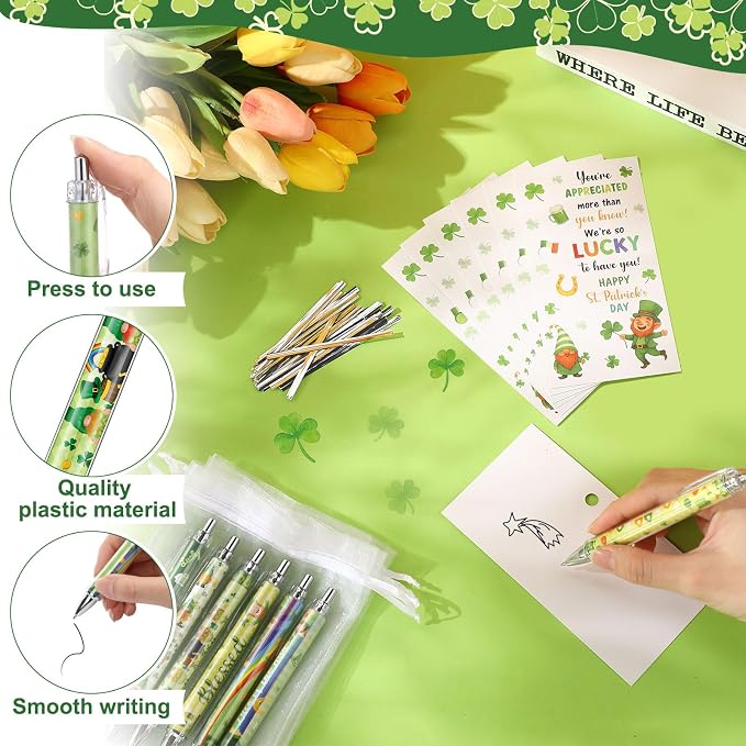 Marspark 30 Set St. Patrick's Day Gifts Bulk Lucky Shamrock Ballpoint Pens and Greeting Cards with Bag Twist Tie for St Patricks Day Employee Coworker School Office Home Irish Party Favor Supplies