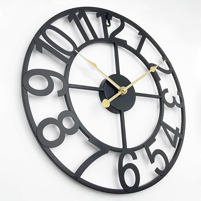 Indoor Outdoor Large Patio Decorative Wall Clock Silent Non Ticking Battery Operated, 16 Inch Modern Black Metal Wall Clock for Pool Area, Living Room, Farmhouse, Kitchen