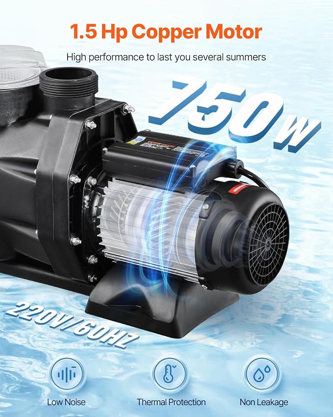 VEVOR Above Ground Pool Pump, 1.5HP, Self Priming Single Speed Swimming Pool Pump, 220V 3450 RPM 55 ft Max Head Lift with PP Shell Strainer Basket, 122°F Max Water Temp, for Hot Tubs Spas, No Plug