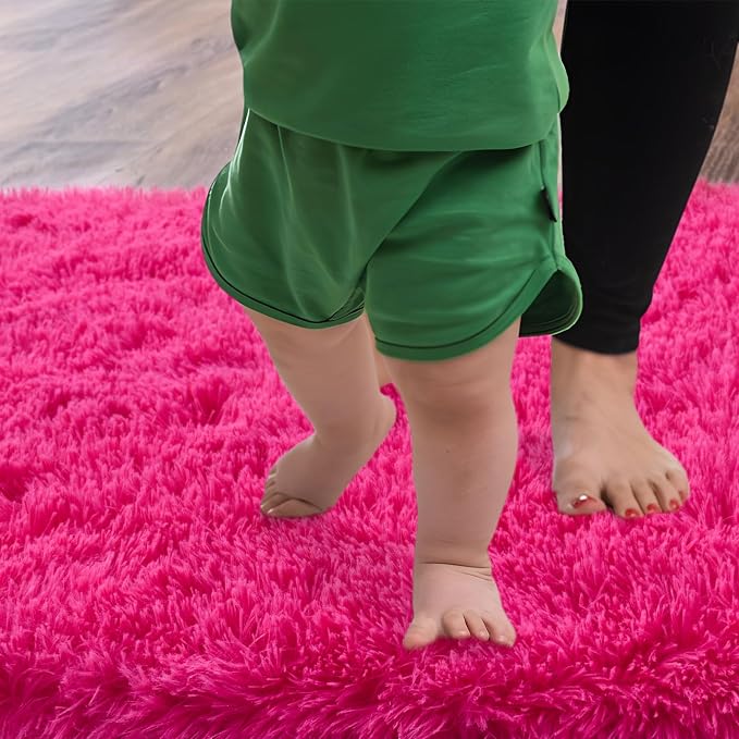 Soft Shag Rugs for Girls Bedroom, Fluffy Washable 4x6 Hot Pink | Upgrade Non-slip, 4 x 6 Shaggy Rugs for Living Room, High Pile Fuzzy Plush Carpet Kids Room Dorm, Flame Resistant