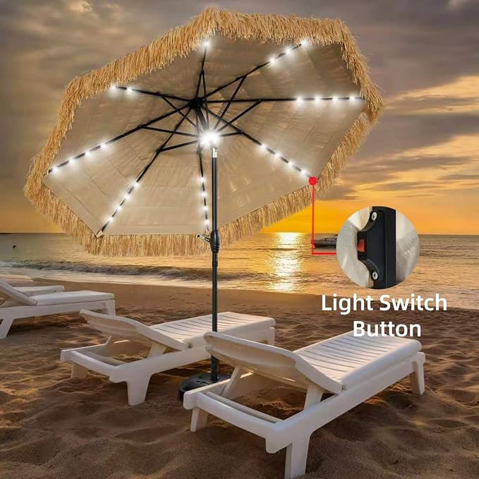 9FT Tiki Thatched Umbrella With Solar Lights for Outdoor Patio Poor Garden | 8 Steel Ribs,Zinc Alloy Push Button Tilt,UPF 50+,Strong Wind Resistance,9-12 hours of lighting,45°of tilt,Easy Set Up