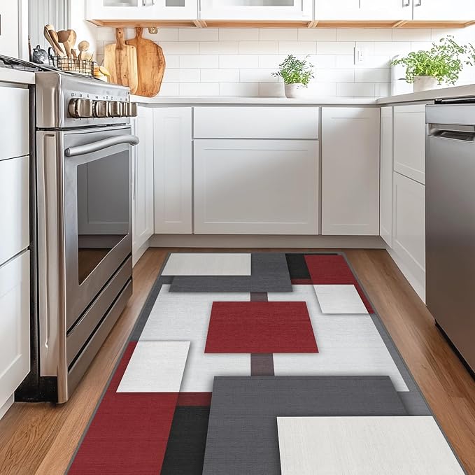 Red and Black Area Rug 3x5 for Bedroom Geometric Mid Century Rug | Washable Modern Rugs Low Pile Non-Slip Abstract Floor Carpet for Kitchen Living Room Dining Room Bedroom Entry