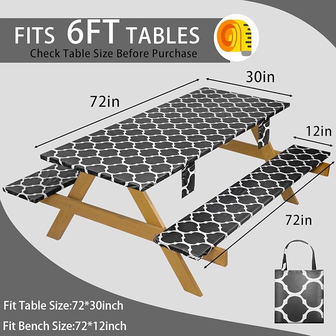 Fitted Picnic Table Cover with Chair Covers Elastic Water Resistant Camping Tablecloth for 8 Foot Rectangle Tables Garden Patio Outdoor Organization Road Trip Hiking Motorhome Essential Gift