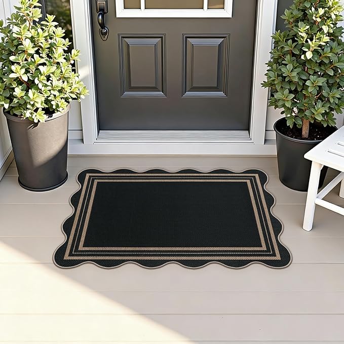 Easy Jute Black Kitchen Rug, 2x3 Front Door Mat Washable Non Slip Small Entryway Rug, Indoor Outdoor Farmhouse Scalloped Doormat for Bathroom Doorway Porch