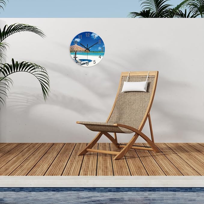 XFM Beach Wall Clock Battery Operated 16 Inch Blue Coastal | Silent Non-Ticking Tropical Summer Nautical Round Decorative for Living Room Kitchen Bedroom Office