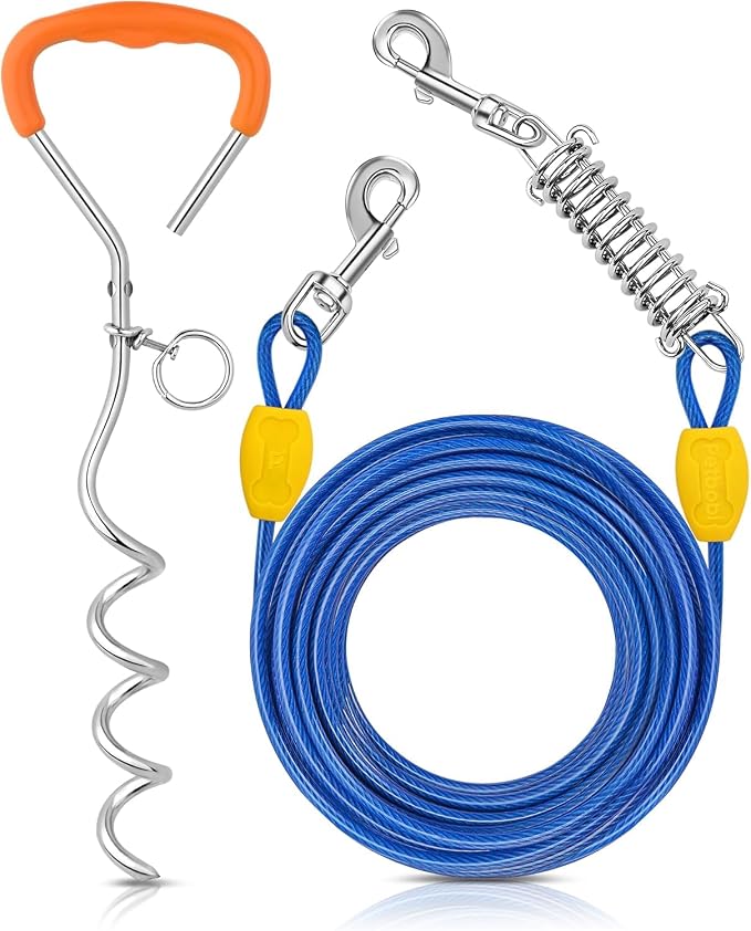 Petbobi Dog Tie-Out Cable and Stake - 30ft Heavy Duty Cable with Spring, No Tangle, 16in Ground Stake, Ideal for Outdoor Yard, Camping, Suitable for Small Medium Large Dogs Up to 120 lbs, Blue
