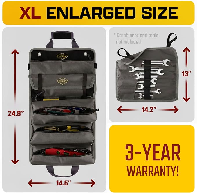 Ryker PRO Heavy Duty Motorcycle Tool Roll Up Bag w/Socket Wrench Organizer | Motorcycle Dad Gifts for Men. Off Road Roll Up Tool Bag w/ Accessible Pouches and Pocket Labels. Overland Gear Tools Bag Kit