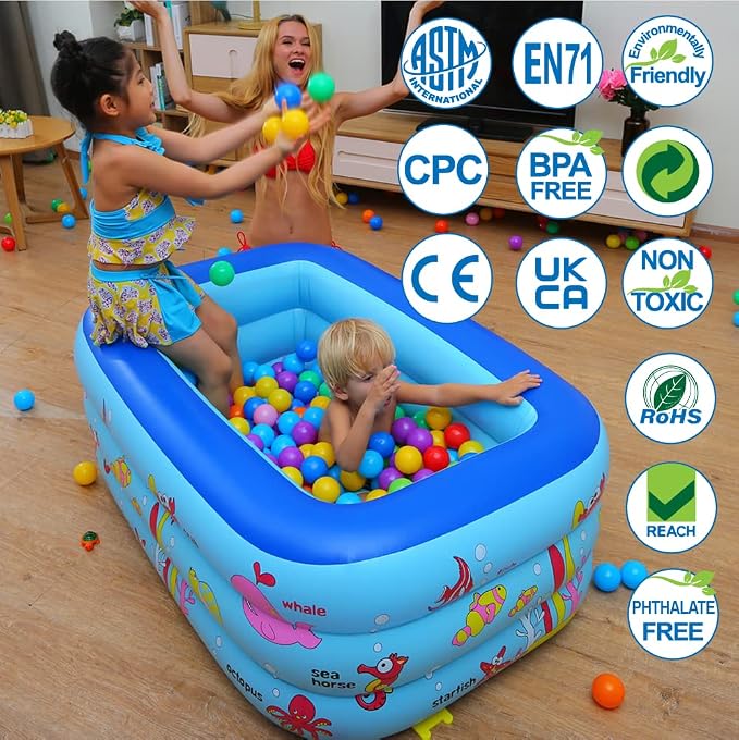 Inflatable Kiddie Pool, 51" x 33" x 21" Higher Kids Swimming Pool for Indoor or Outdoor, Ocean World Inflatable Bathtub with Inflatable Soft Floor, Ball Pit Pool