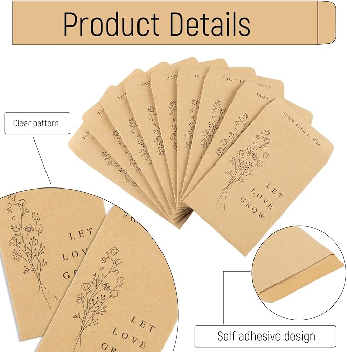 Whaline 200 Pack Wedding Favor Seed Packets Spring Summer Self-Adhesive Let Love Grow Retro Kraft Envelope Rustic Small Flower Seeds Storage Packets for Garden Wedding Party Favors, 3.5 x 2.4 Inch