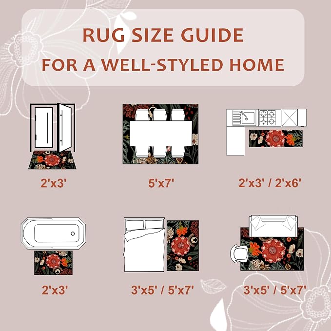 Tyrot Vintage Black Red Boho Floral Living Room Rug, 5x7 Rug Flat Woven Ultra-Thin Washable Botanical Area Rugs Non-Slip Low-Pile Carpet for Bedroom, Dining Room, Office, Kids Room