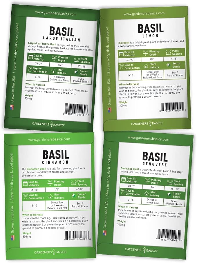Gardeners Basics, Basil Seeds for Planting Home Garden - 8 Variety Herb Pack Genovese, Large Leaf, Lemon, Thai, Red Rubin, Cinnamon, Sweet and Purple Opal Basil Herb Seeds for Indoors & Outdoors