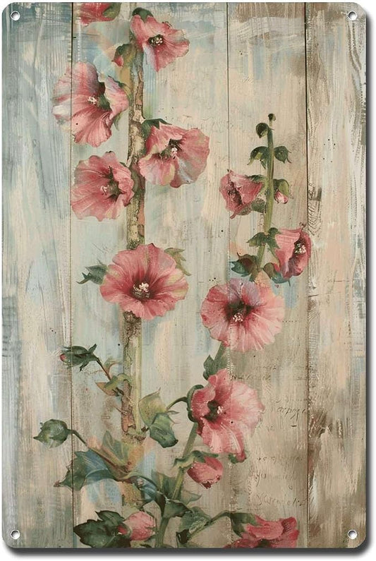 Metal Sign Tin Sign Vintage Wall Art Antique Grandeur Hollyhocks Tin Sign for Shabby Chic Interiors Tall Stem Displays and Corrosion R Bar Signs for Home Decor for Room 6×8 Inches