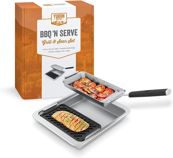 Yukon Glory Cast Iron & Stainless Grill Set | Grooved Cast Iron Pan, Stainless Serving Station & Clip-On Handle | Pre-Seasoned | Grill to Table | Gas, Charcoal & Campfire | Gift
