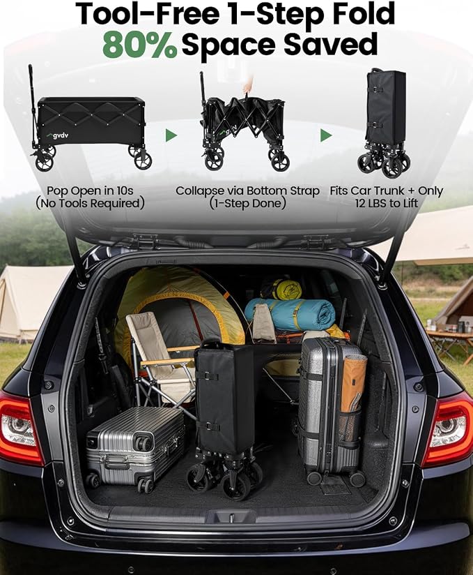 GVDV CW35 Wagons Carts Foldable, 42-Inch Extended Handle Collapsible Utility Wagon, 330LBS Heavy-Duty Shopping Cart for Groceries, Sports, Camping, Garden, Solid Black