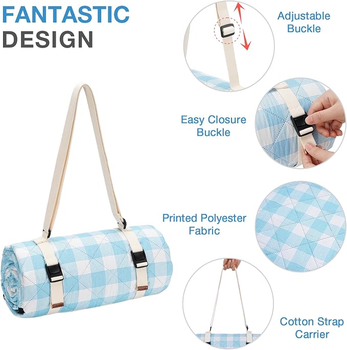 WILLOW WEAVE Picnic Blanket, 80''x80'' Waterproof Outdoor Blankets, Picnic Mat Washable for Beach, Picnic Blankets for Camping on Grass with Shoulder Strap - Blue & White