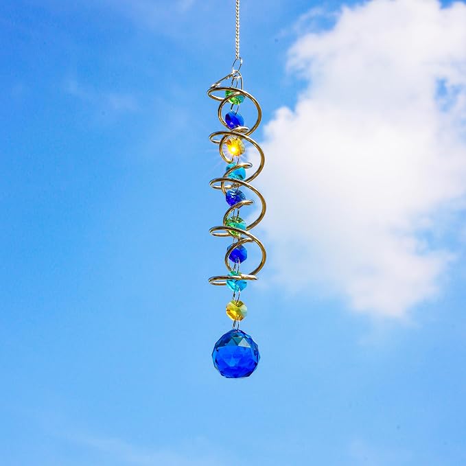 20.5in Sea Blue Crystal Gazing Ball Spiral Wind Spinner Suncatcher | Sea Blue Crystal Gazing Ball Spiral Wind Spinner Rainbow Maker Sun Catcher with Chain for Indoor Outdoor Garden Decor