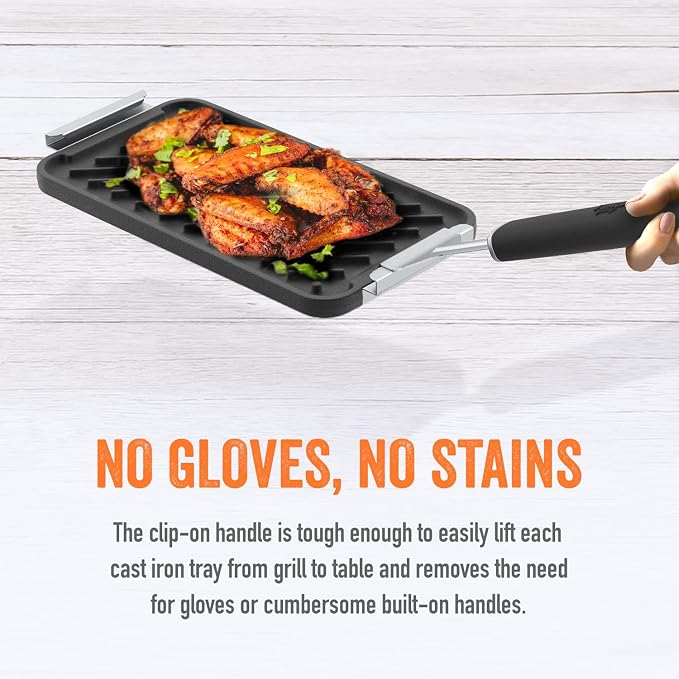 Yukon Glory Cast Iron Tray Set | 3 Grooved Cast Iron Pans & Clip-On Handle | Pre-Seasoned | Commercial-Grade | Grill to Table | Gas, Charcoal & Campfire
