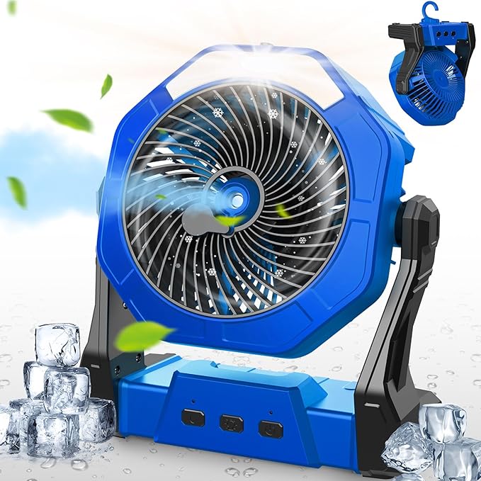 Ausic Portable Misting Camping Fan, 8" Outdoor Cooling Fan with LED Light, Water Spray, Hook, [Max 35H] Battery Operated Rechargeable Fan for Sports Sidelines, Patio, Beach, Tent, Travel