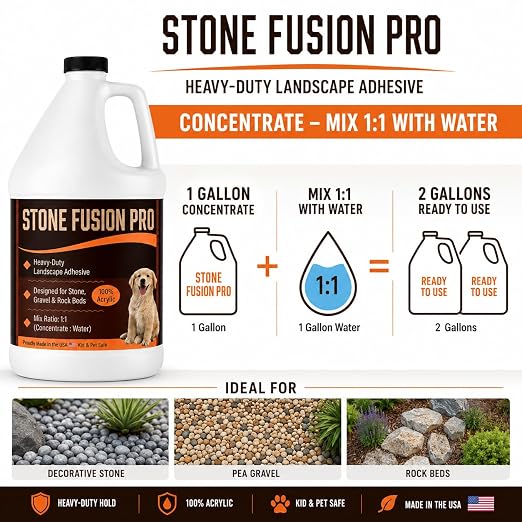 Stone Fusion Pro Stone Glue, 1 Gallon – Heavy-Duty Landscape Adhesive for Decorative Stone, Gravel & Rock Beds, 100% Acrylic Rock Binder, 1:1 Mix, Kid & Pet Safe, Made in USA