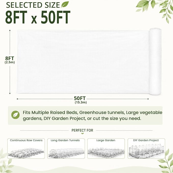 8Ft x 50Ft Garden Netting, Fine Mesh Insect Netting for Plant Protection, Mosquito Bug Bird Barrier Mesh Cover for Vegetables Fruits Flowers Raised Beds