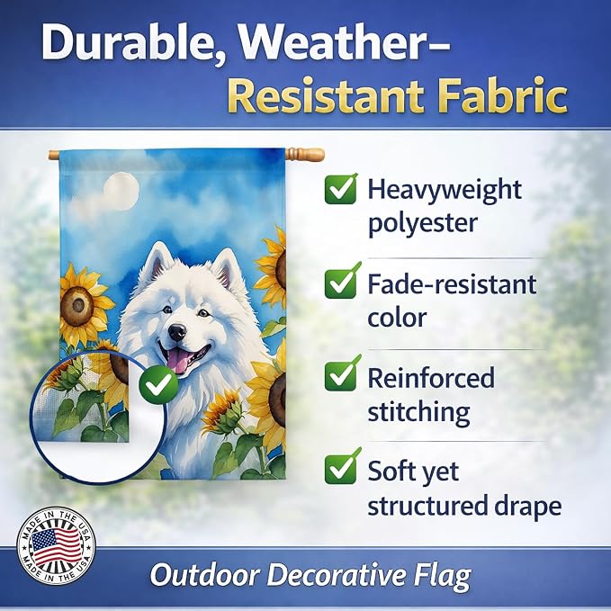 Caroline's Treasures DAC6153CHF Samoyed in Sunflowers House Flag Large Porch Sleeve Pole Decorative Outside Yard Banner Artwork Wall Hanging, Polyester, House Size, Multicolor