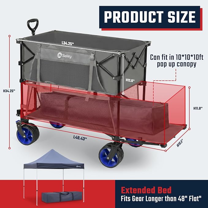 Sekey 500LBS Heavy Duty Double Decker Wagon with Extender, 400L Large Capacity Collapsible Garden Cart Fits 10x10 Canopy, All-Terrain Big Wheels with Brakes, Foldable Utility Wagon for Sports, Camping