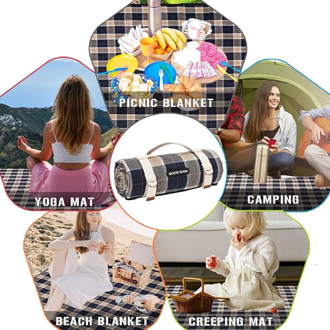 G GOOD GAIN Waterproof Picnic Blanket Portable with Carry Strap for Beach Mat or Family Outdoor Camping Party (Brown)