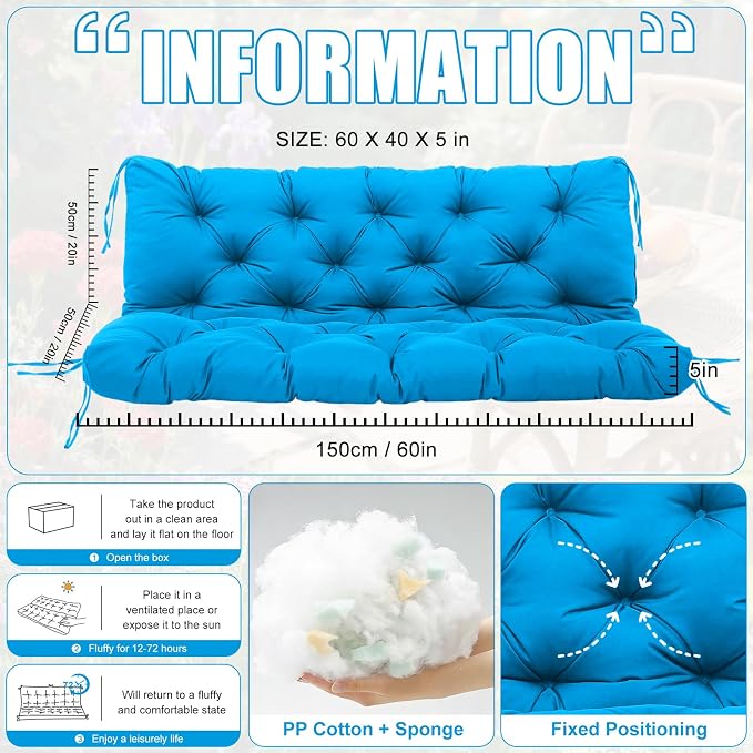 Porch Swing Cushions Waterproof Outdoor Swing Cushions 3 Seater Replacement with Backrest Thicken 5" Swing Bench Cushions Replacement for Outdoor Furniture Patio Lawn Garden (Lake Blue 60x40x5inch)