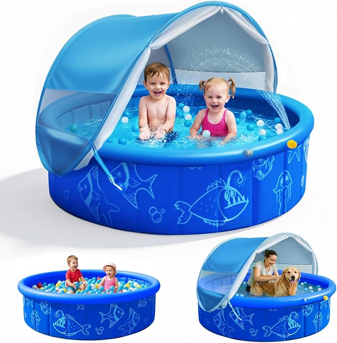 2026 Updated Foldable Kiddie Pool with Canopy and 20 Ocean Balls: 47in for Baby Toddler Kids- Summer Water Play Pool with Sprinkler and Shade - Portable for Outdoor Backyard Beach