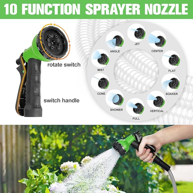 TVKB Garden Hose 100ft Stainless Steel Water Hose Super Tough Flexible Water Pipe with Brass Fittings and Sprayer Nozzle, No Kink, Rust Proof
