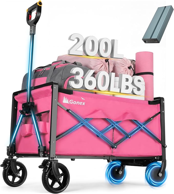 Gonex Electric Wagon Cart with Smart Handlebar 360lbs Heavy Duty Motorized Utility Wagon for Camping Gardening 200L Collapsible Foldable Grocery Cart with Silent Hub Motor Magnetic Brake Pink