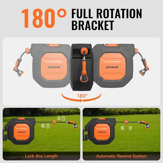 Retractable Garden Hose Reel 1/2 inch x 150 ft,Wall Mounted Heavy Duty Garden Hose Reel with 180°Swivel Bracket,Upgraded 10 Pattern Nozzle/Slow Return System(Black)