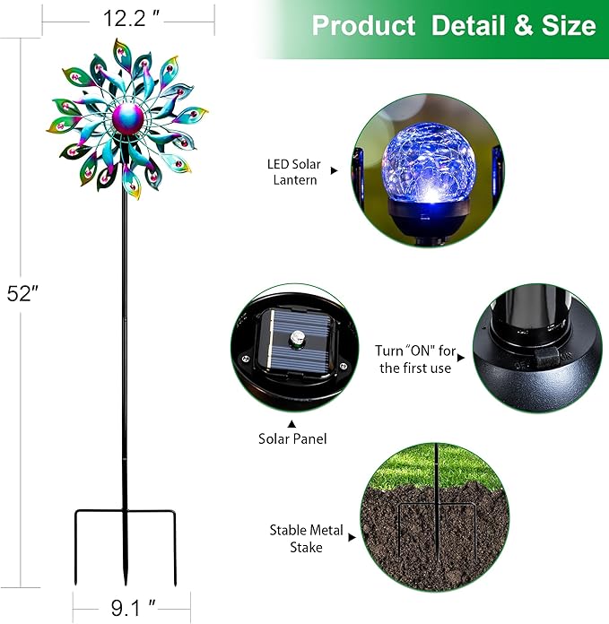 Solar Wind Spinner Outdoor Kinetic Garden Decor with LED Light Ball | Colorful Metal Wind Spinner Creates Stunning Yard Art With Rotating Petals, Perfect For Patio, Lawn, Pathway And Backyard
