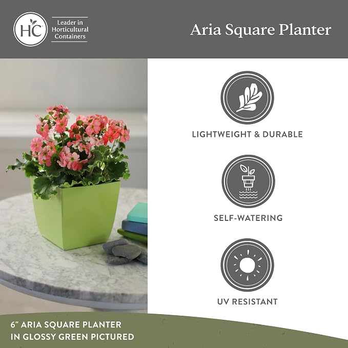 The HC Companies 8 Inch Aria Square Self Watering Planter - Plastic Plant Pot for Indoor Outdoor Plants Flowers Herbs, Glossy White