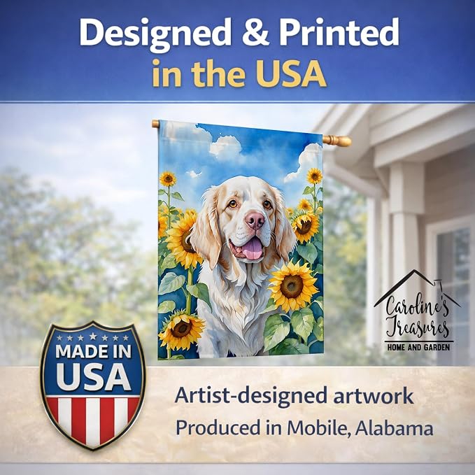 Caroline's Treasures DAC6056CHF Clumber Spaniel in Sunflowers House Flag Large Porch Sleeve Pole Decorative Outside Yard Banner Artwork Wall Hanging, Polyester, House Size, Multicolor