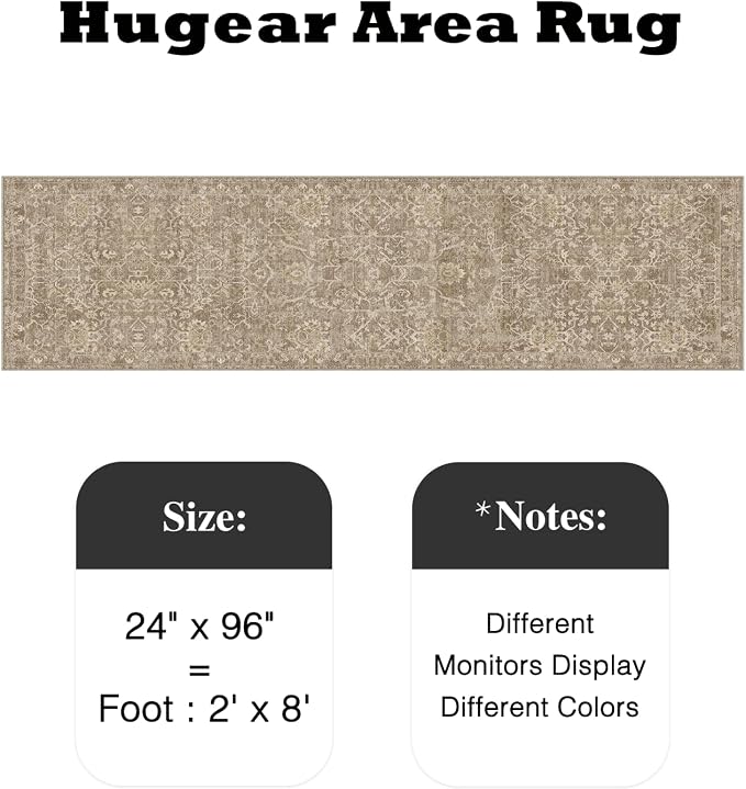 2x8 Light Brown Vintage Floral Washable Runner Rug for Hallway | Low Pile, Non Slip, Retro Style, Soft Distressed Indoor Rug for Entrance, Kitchen, Bedroom, Laundry Room, Home Decor