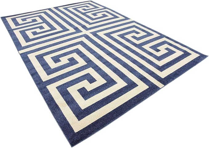 Unique Loom Athens Collection Classic Geometric Modern Border Design Area Rug (7' 0 x 10' 0 Rectangular, Navy Blue/ Beige)