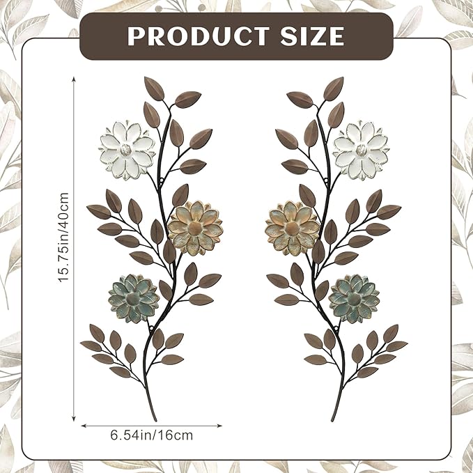 MorningRo 2 Pcs Metal Flower Leaves Wall Art Spring Wall Decor Living Room, 15.75 Inch Vintage Rustic Branch Leaf Wrought Iron Scroll Art Decor for Summer Bedroom Indoor Outdoor Decorations(Brown)