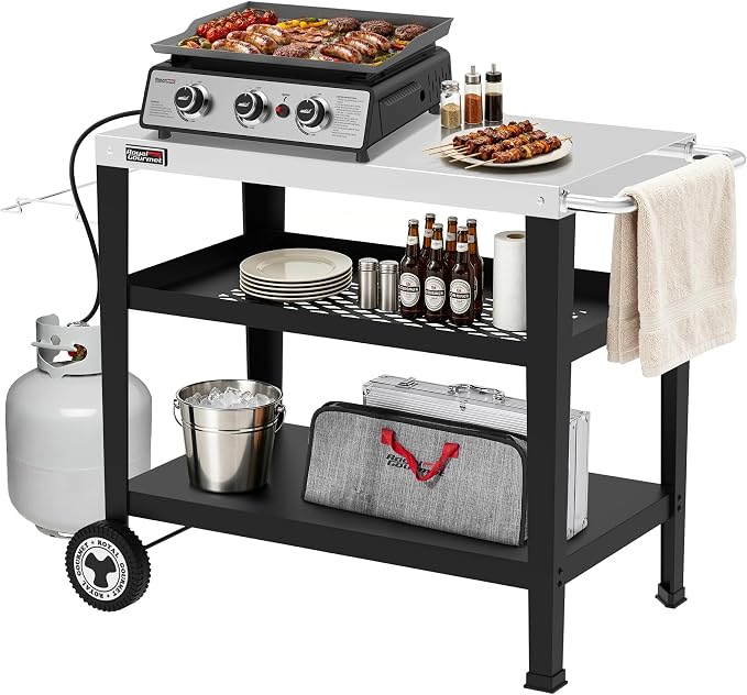 Royal Gourmet PC3404S Rolling Dining Table with Trash Bag Holder, Outdoor Garden Patio BBQ Kitchen Food Prep Table Cart, 34"L x 20"W Stainless Steel Tabletop, Silver & Black